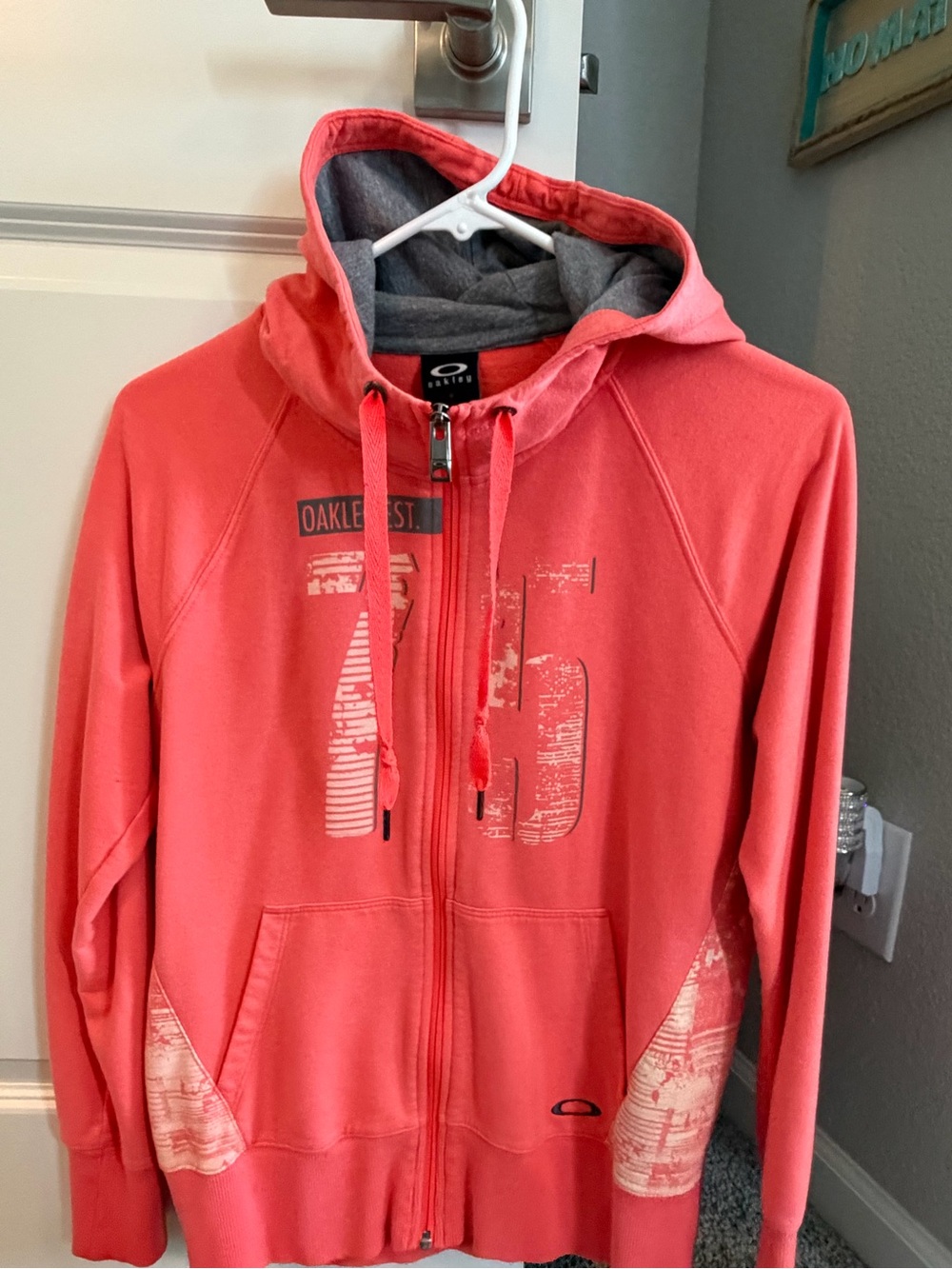 Oakley Coral Pink and Gray Hooded Zip Sweatshirt